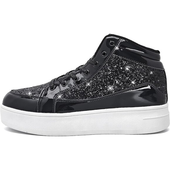 Women's Black Shiny Glitter Sequin Shoes High Top Sneakers Fashion Bling - Picture 6 of 6